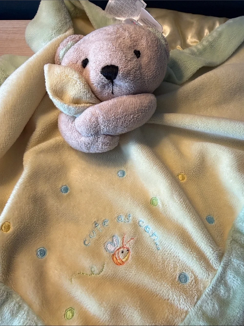 Just One Year Carters Bear Lovey Yellow Green Trim Satin Back “Cute as Can Bee”